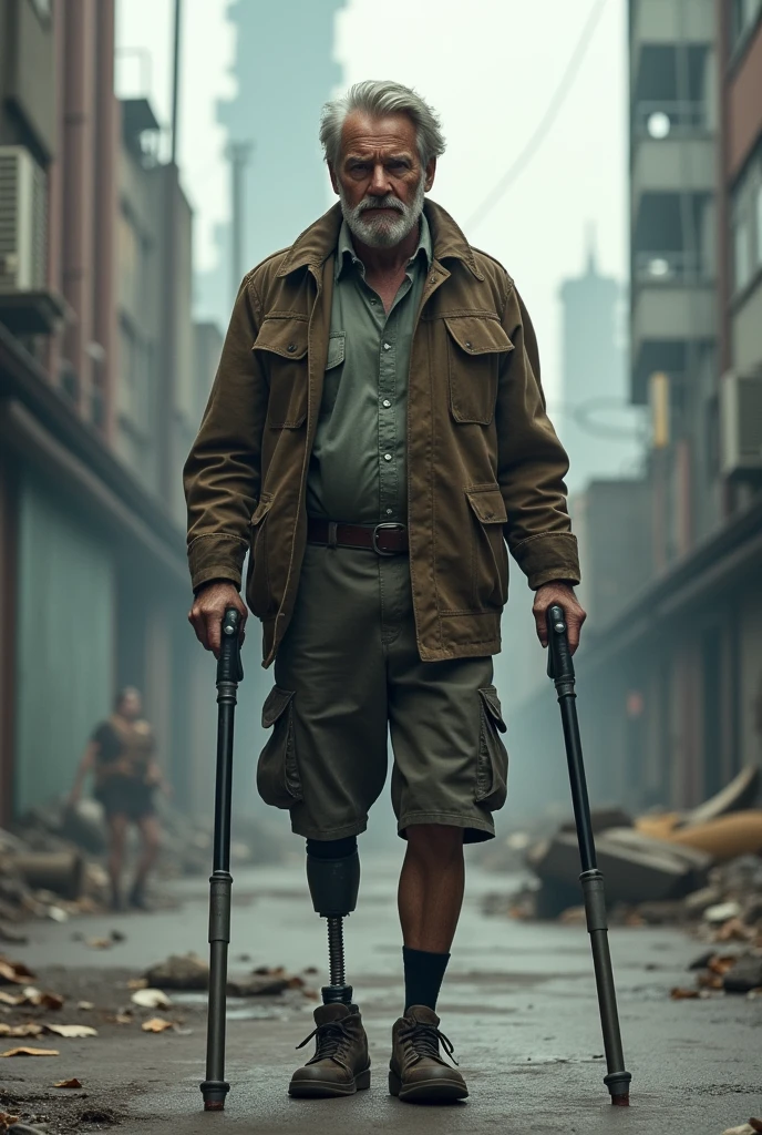 Create an image of a man with an amputated leg on crutches