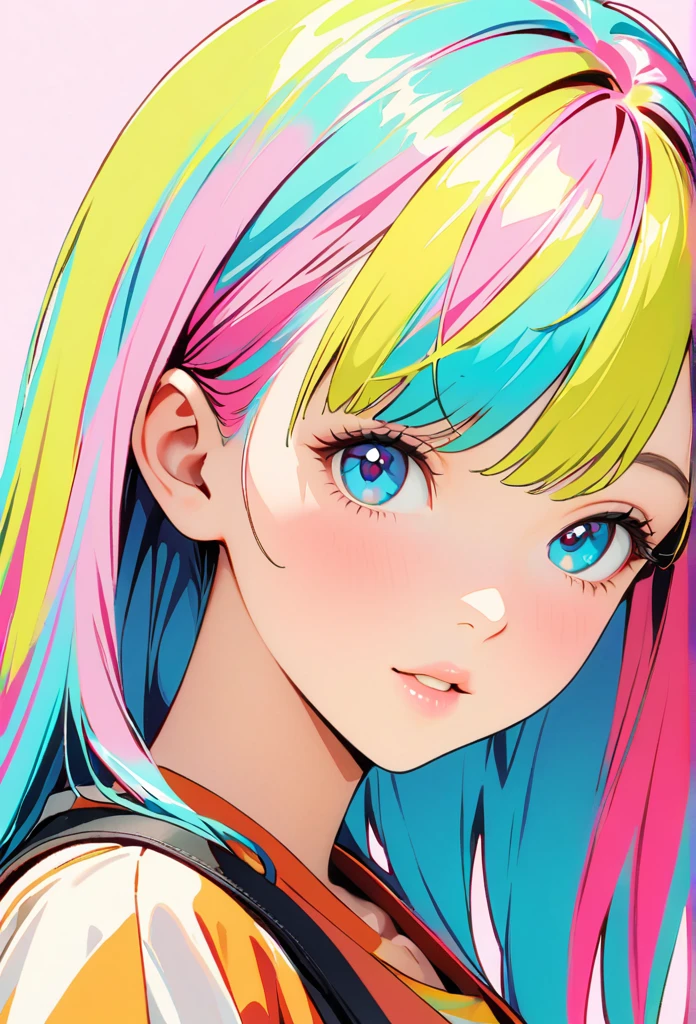 (Highest quality:1.2, City Pop Style, Very detailed, up to date, Vibrant, High Contrast, masterpiece:1.2, Highest quality, Best aesthetics), , ((Face Up Shot:1.4)), Colorful Hair, longhair, pastel colour, 1980s style, ((Retro, Vintage, Plain background))