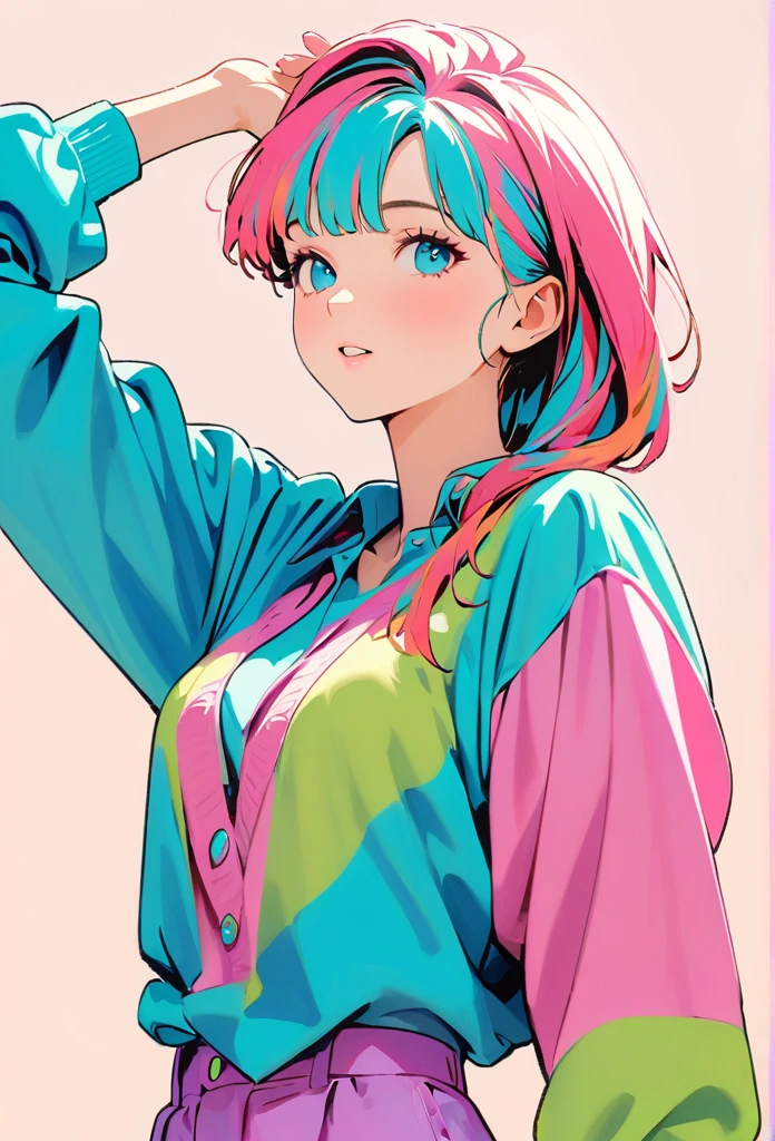 (Highest quality:1.2, City Pop Style, Very detailed, up to date, Vibrant, High Contrast, masterpiece:1.2, Highest quality, Best aesthetics), , ((Face Up Shot:1.4)), Colorful Hair, longhair, pastel colour, 1980s style, ((Retro, Vintage, Plain background))