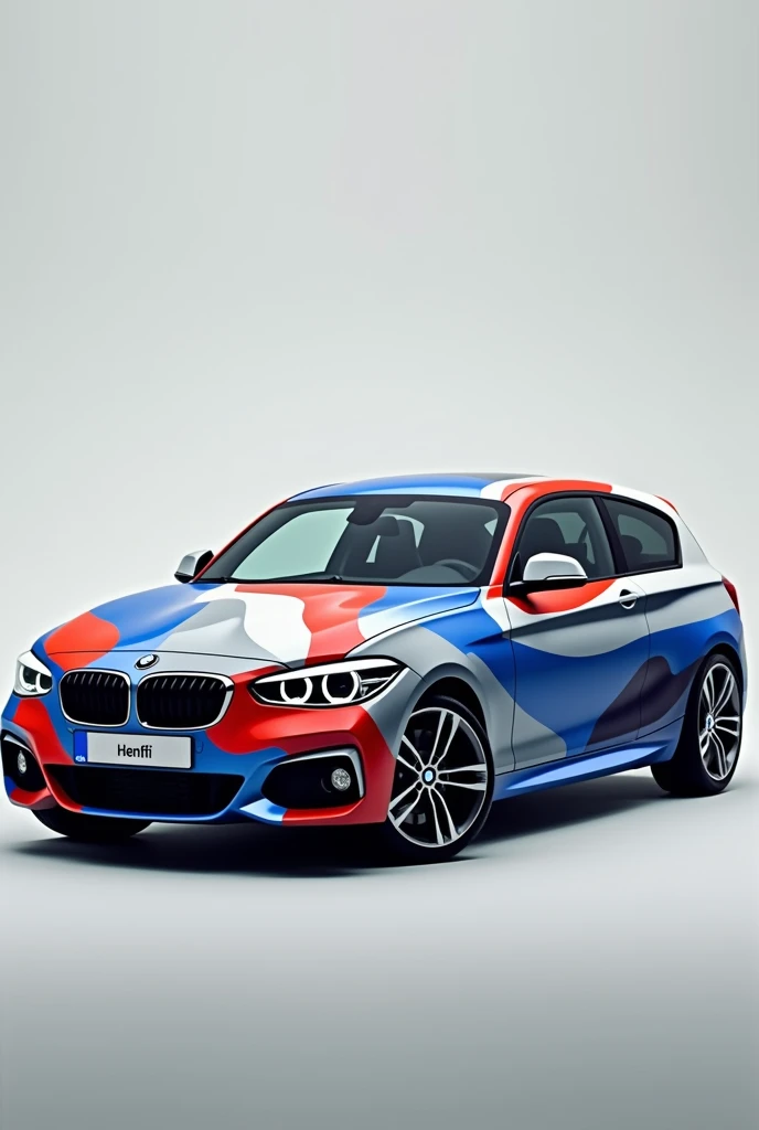 Create a BMW 1 with a blue, red, gray, white wavy pattern and a bright paint job.,
The license plate says "Henfri"
