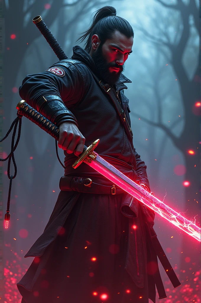 A hunter holding a black and red neon katana