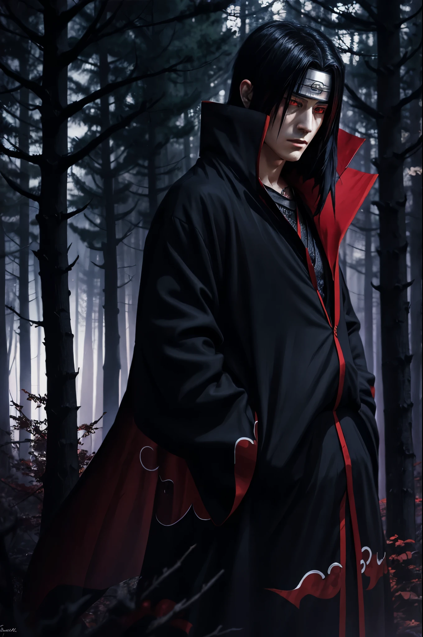 Itachi Uchiha in Akatsuki cloak standing in a dark forest, red Sharingan eyes glowing, looking determined, hd anime art.
