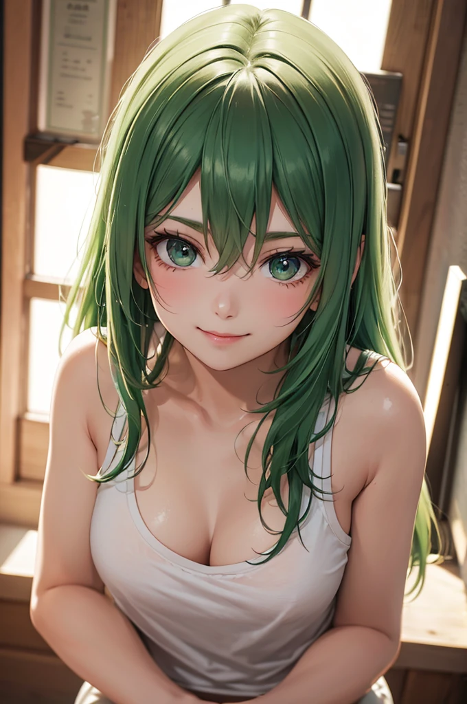 Best Quality,High resolution,8k,finelity detailed background,Masterpiece:1.2),beautiful girl,Shiny green hair,messy hair,Green Eyes,Gentle look,A refreshing look,smile,Best quality,Best Quality,Aesthetic and aesthetic:1.2,Best details((Super detailed))(High-definition CG illustrations),Tank top,White shorts,Slender body,Inside the room,smile,blush,cute,Scrounge,Looking up,Being spoiled,super model