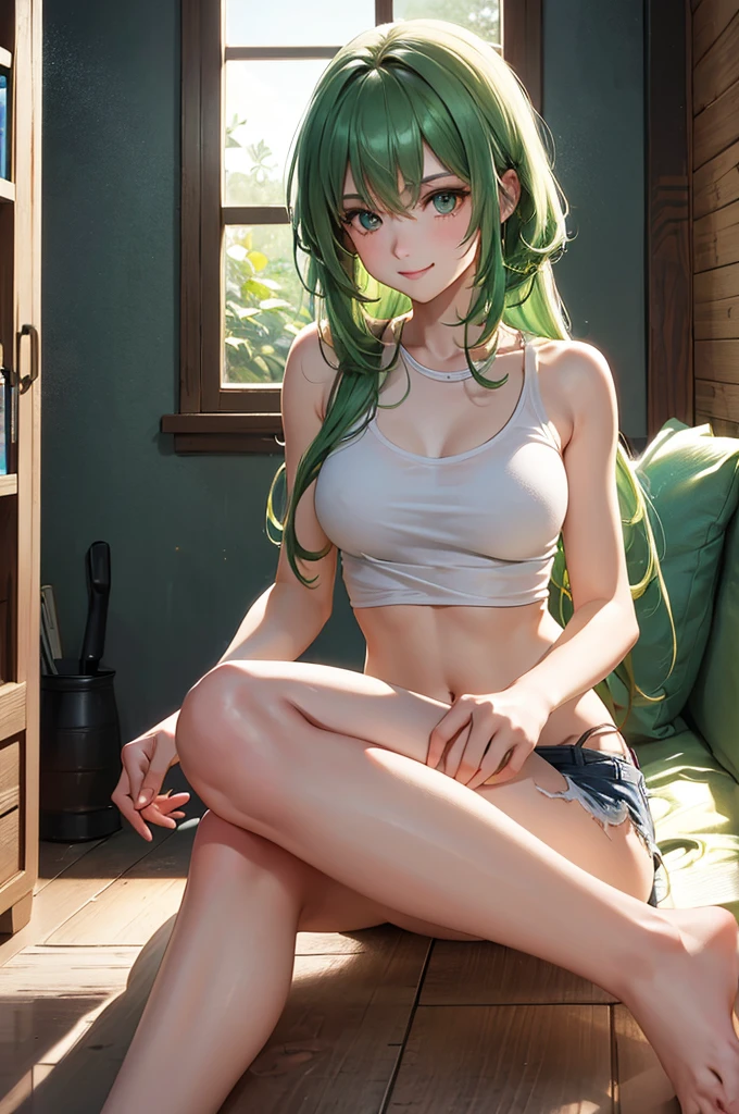 Best Quality,High resolution,8k,finelity detailed background,Masterpiece:1.2),beautiful girl,Shiny green hair,messy hair,Green Eyes,Gentle look,A refreshing look,smile,Best quality,Best Quality,Aesthetic and aesthetic:1.2,Best details((Super detailed))(High-definition CG illustrations),Tank top,White shorts,Slender body,Inside the room,smile,blush,cute,Scrounge,Looking up,Being spoiled,super model