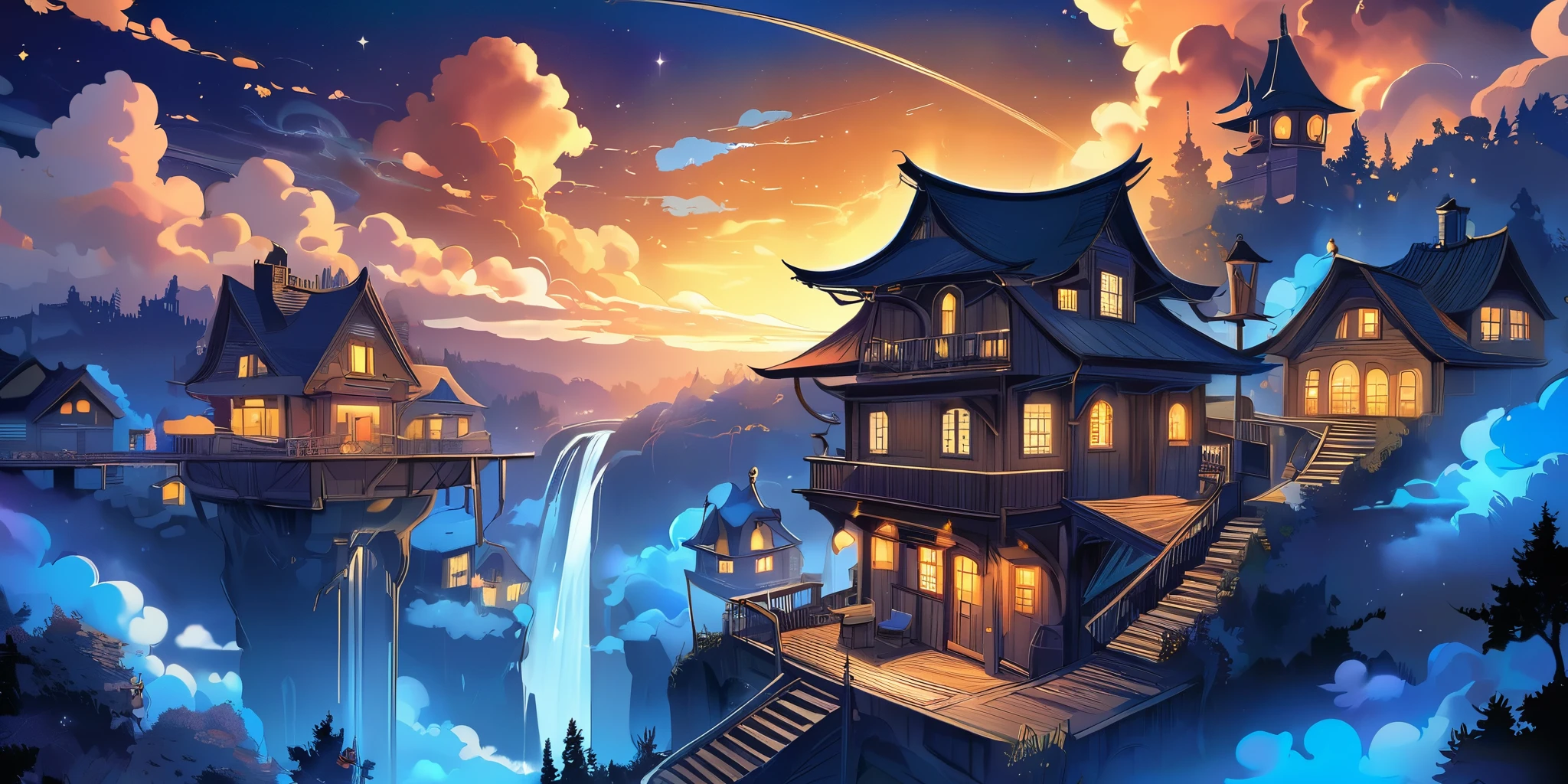 Draw a lofi anime poster style village Steam punk dans les nuages, décoration de fée, cascade lumière, dans les nuage, nuages, la nuit, belle palette de couleurs bleu noir, couleurs saturées vibrantes, œuvre d'art, Aucun humain, thème étoilée foncé