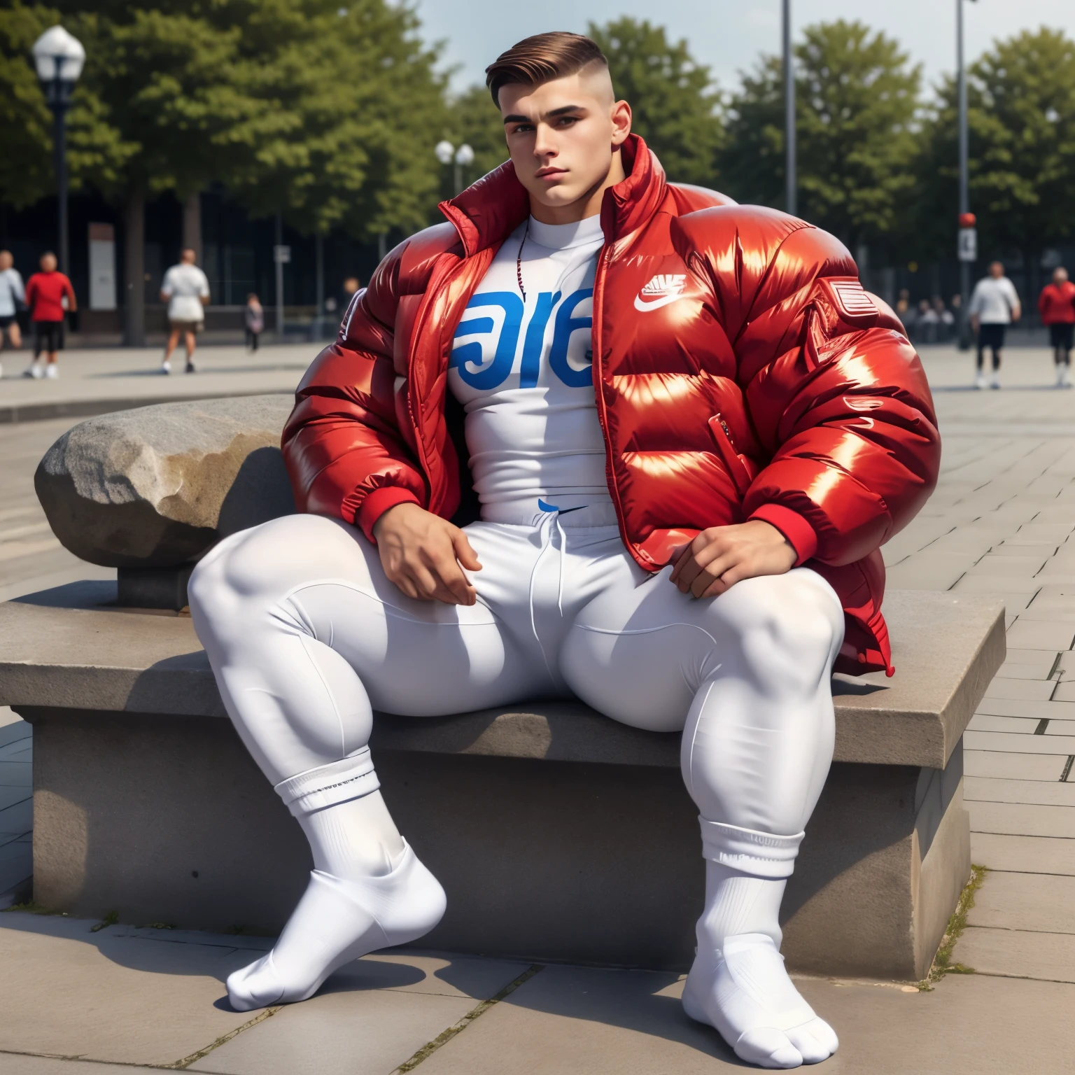 full view teenage arrogant chubby white european chav  boy, with styled clean shaved brown undercut haircut, wearing Nike white socks, golden sovereign rings, adidas black nylon tight trackie pants, in puffy Canada Goose shiny over-inflated down jacket in transparent red PVC like a pool buoy, sitting in his white socks on a stone bench, showing off his white Nike socks, looking around, street evening, young chavs in different styles of outfits passing behind