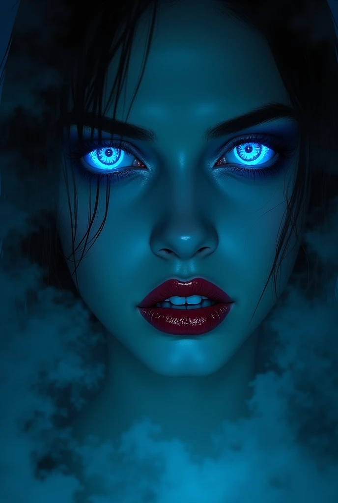 fantasy comic art ((a female vampire's pair of glowing blue eyes shines)) close up picture, (((the fog hides the face))), red lips, vampire fangs, you see only the glowing eyes , you see only the pair of eyes, fantasy dark alley background, the fog fills the alley, you see only the glowing eyes