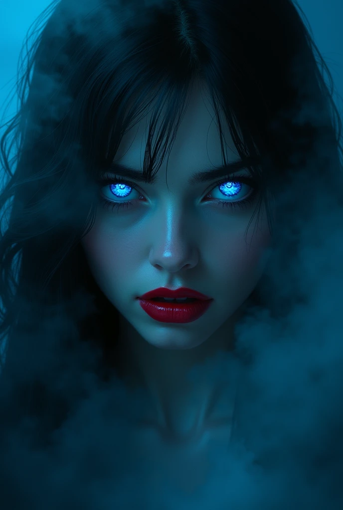 fantasy comic art ((a female vampire's pair of glowing blue eyes shines)) close up picture, (((the fog hides the face))), red lips, vampire fangs, you see only the glowing eyes , you see only the pair of eyes, fantasy dark alley background, the fog fills the alley, you see only the glowing eyes