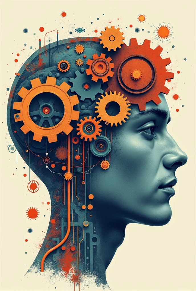 Poster of a man's face with typographic illustrations, gears and elements that symbolize neurology, Create brain shapes, side view of face shape,