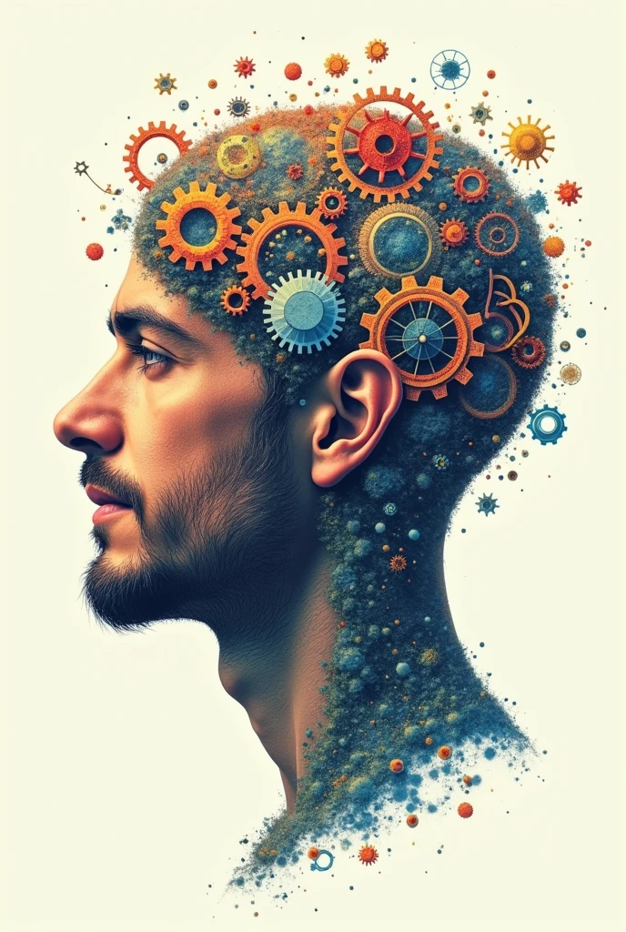 Poster of a man's face with typographic illustrations, gears and elements that symbolize neurology, Create brain shapes, side view of face shape, 