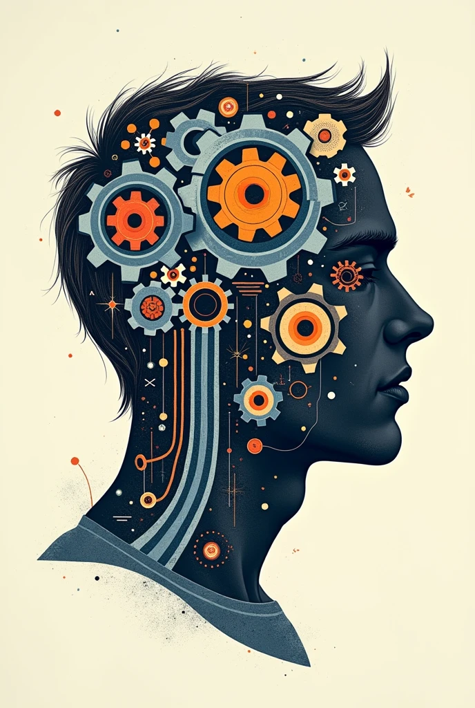 Poster of a man's face with typographic illustrations, gears and elements that symbolize neurology, Create brain shapes, side view of face shape, 