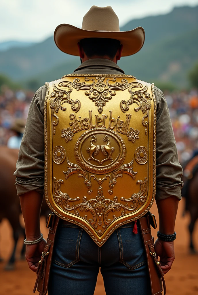 Create for me a vaquejada entourage shield with the name Golden Buckle
