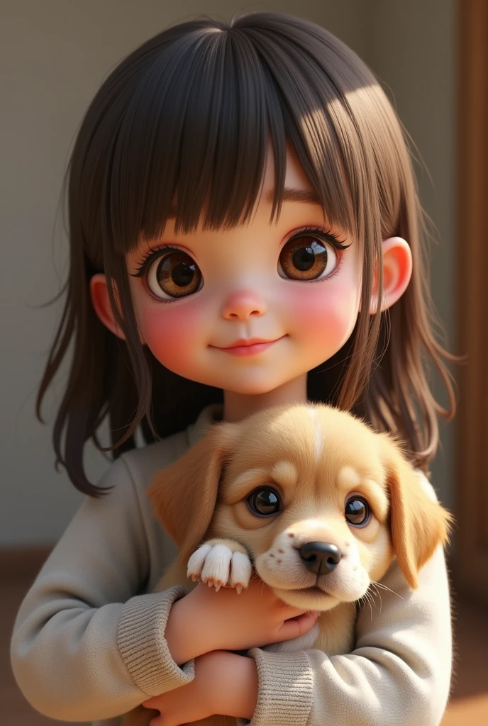 (Photorealistic:1.2),  approximately 10 years old, straight brown hair with bangs, Eye Brown grande e puxado, dimple on the cheek, button nose, thin upper lip and normal lower lip,.holding a puppy by the collar, wrapped around, Eye Brown. 