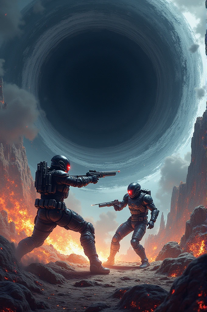 War between two race(human and alien 
)with black hole in the background (poster for book cover) in sci-fi themed 