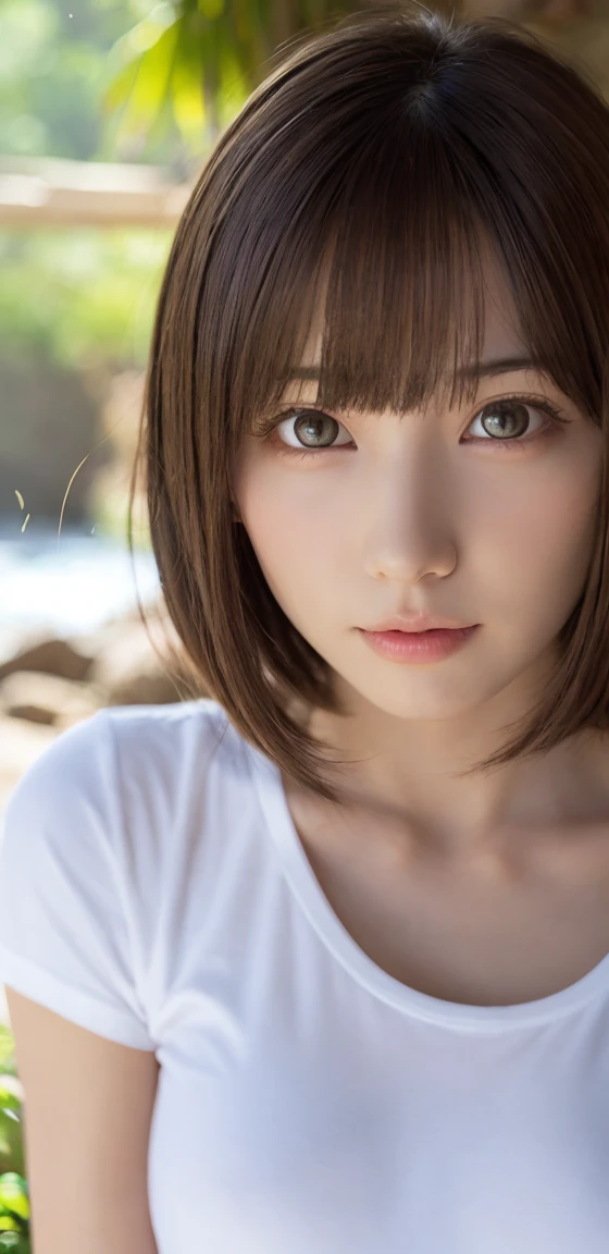 One Girl, (Beautiful girl, Delicate:1.3), (:1.3),
break,  (T-Shirts:1.2),
break, (Small waterfall　background:1.2),
break, Very beautiful eyes, (Symmetrical eyes:1.3),
break, (Big Breasts:1.1), Brown eyes, Parted bangs, Brown bob cut hair, Round face, cute,
break, (Eye and facial details:1.0),
break, (masterpiece, Highest quality, Super detailed, Detailed face, 8k)