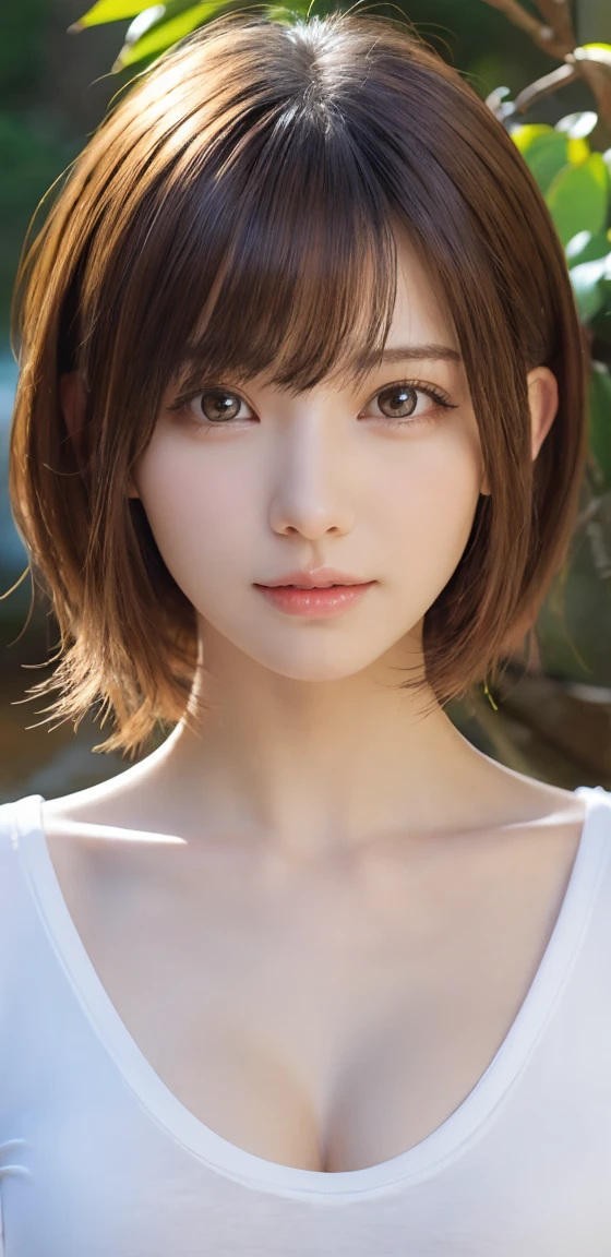 One Girl, (Beautiful girl, Delicate:1.3), (:1.3),
break,  (T-Shirts:1.2),
break, (Small waterfall　background:1.2),
break, Very beautiful eyes, (Symmetrical eyes:1.3),
break, (Big Breasts:1.1), Brown eyes, Parted bangs, Brown bob cut hair, Round face, cute,
break, (Eye and facial details:1.0),
break, (masterpiece, Highest quality, Super detailed, Detailed face, 8k)