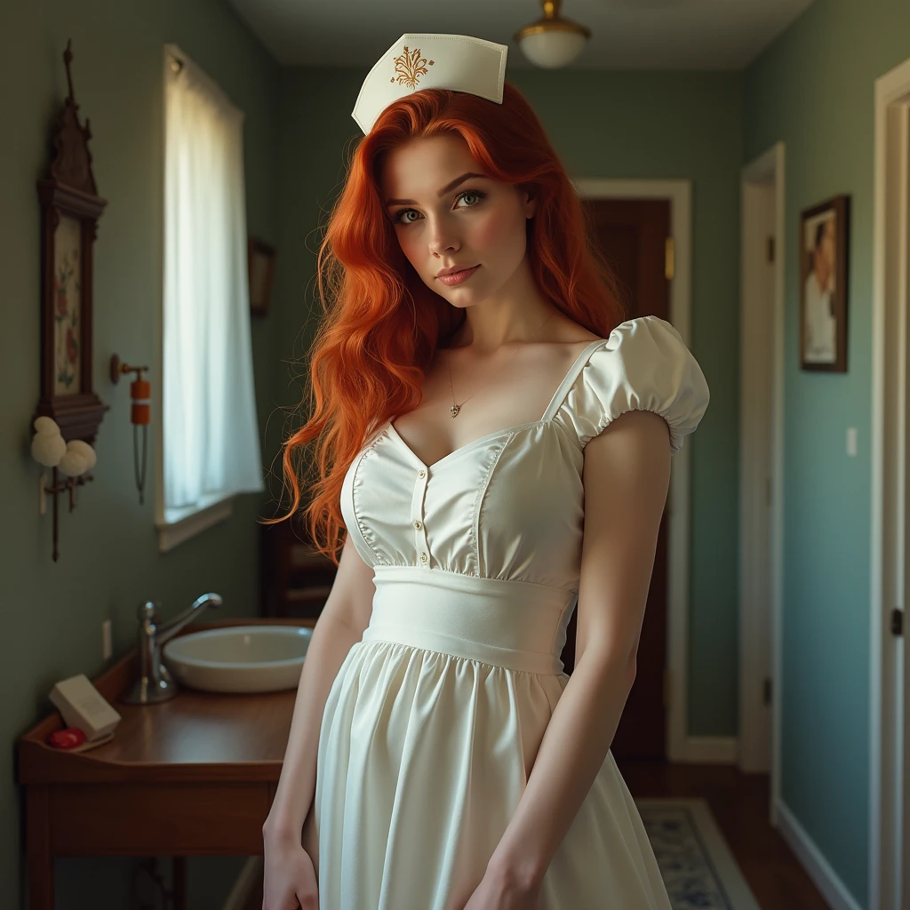 sexy redhead, sexy nurse dress, soapy open box