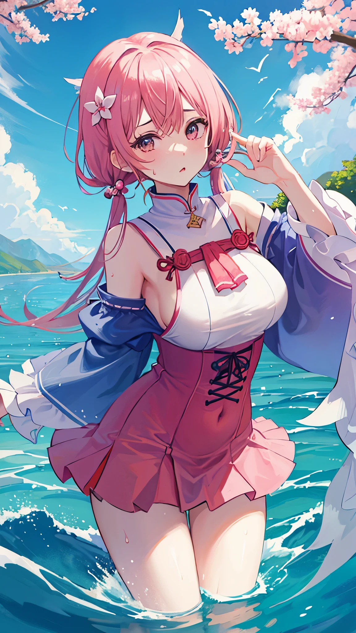 ((Highest quality)), ((masterpiece)), (detailed), Female university student、Pink twin tails、Sunny、A row of cherry blossom trees with a stream flowing through it.、Slightly backlit、topless、Super miniskirt with ruffles、Big thighs、Big 、Nipplt、Sexy prinklef the female genitalia、looking at the camera、Red cheeks、Embarrassed expression、Sweat a lot、