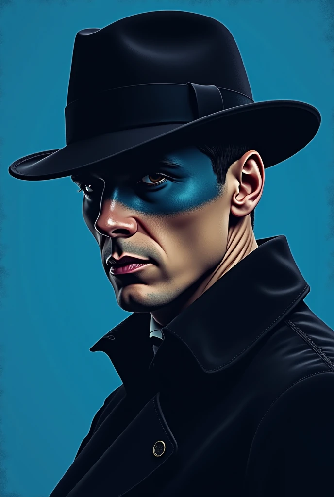 Créé moi une image montrant Thomas Shelby avec sa casquette plate britannique traditionnelle, un font bleu et une trace de peinture cachant ses yeux ( on ne voit plus ses yeux)