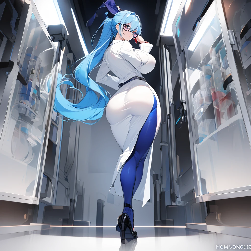 Perfect anatomy, perfect face, perfect eyes, 1 anime woman, milf body,blue hair, one ponytail, white and blue witch hat, purple eyes, glasses, red lipstick, serious face, white shirt, laboratory coat,blue tight skirt, long white stockings, black shoes, big breasts, big ass, solo
