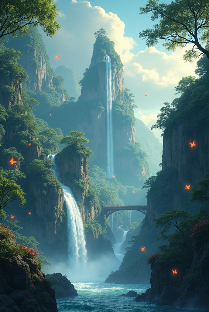 photorealistic scene of a nature wallpaper in 4K quality, in the style of digital illustration inspired by Satoshi Kon, depicting a dreamlike garden with floating islands, waterfalls cascading down, and glowing butterflies, ULTRA Style Kilian Eng and Thomas Kinkade, Rob Gonsalves and Tim White , silvain sarriel. Rhads and Thomas Kinkade, inspired by RHADS, cyril rolando and m.I&#39;m confused, cyril rolando and m. I&#39;m confused, Rhads!!!, animated background, animated background art, beautiful anime scene, sobre las clouds, Kilian Eng y Thomas Kinkade, Rob Gonsalves y Tim White., silvain sarriel, Rhads y Thomas Kinkade, inspired by RHADS, cyril rolando and m.I&#39;m confused, cyril rolando and m. I&#39;m confused, Rhads!