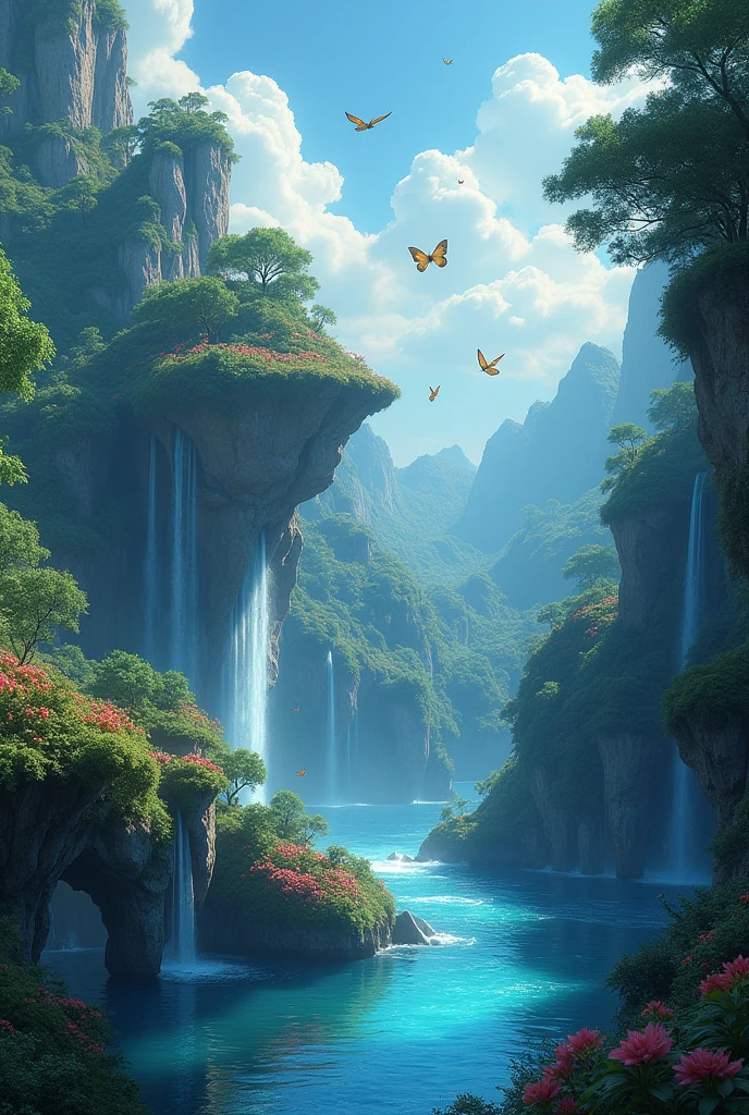 photorealistic scene of a nature wallpaper in 4K quality, in the style of digital illustration inspired by Satoshi Kon, depicting a dreamlike garden with floating islands, waterfalls cascading down, and glowing butterflies, ULTRA Style Kilian Eng and Thomas Kinkade, Rob Gonsalves and Tim White , silvain sarriel. Rhads and Thomas Kinkade, inspired by RHADS, cyril rolando and m.I'm confused, cyril rolando and m. I'm confused, Rhads!!!, animated background, animated background art, beautiful anime scene, sobre las clouds, Kilian Eng y Thomas Kinkade, Rob Gonsalves y Tim White., silvain sarriel, Rhads y Thomas Kinkade, inspired by RHADS, cyril rolando and m.I'm confused, cyril rolando and m. I'm confused, Rhads!