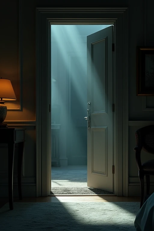 A luxury bedroom door slightly ajar, with a band of light illuminating the floor ahead. Do lado de fora, the bright light creates a dramatic contrast with the dark interior of the room, suggesting that something disturbing is about to happen.realisitic,cinematic, 8k 