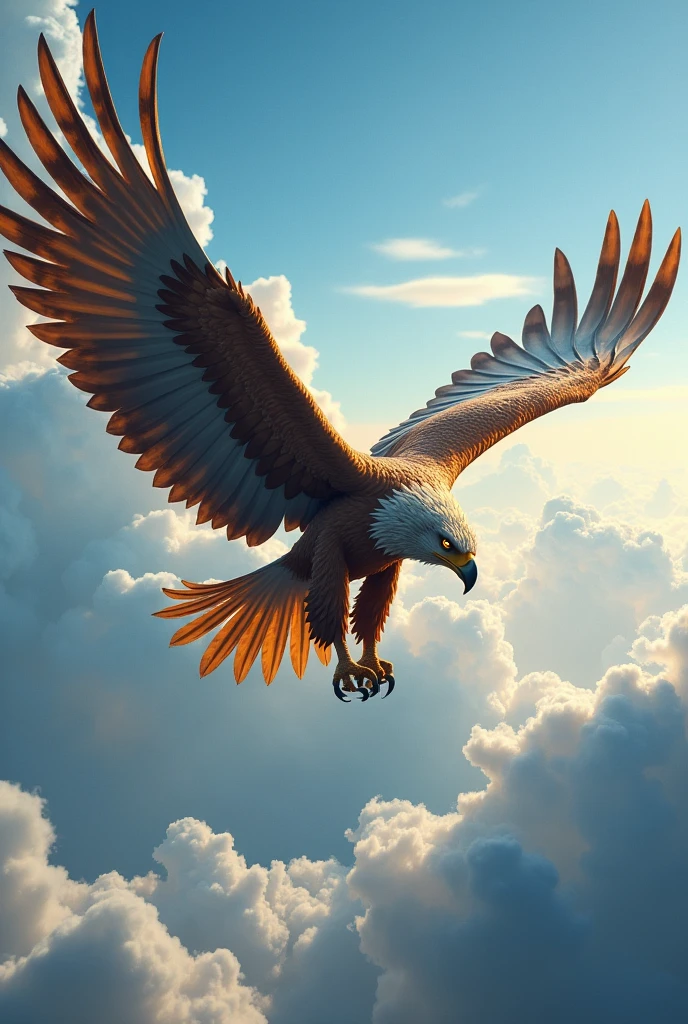 Giant eagle bird flying in the sky through the clouds