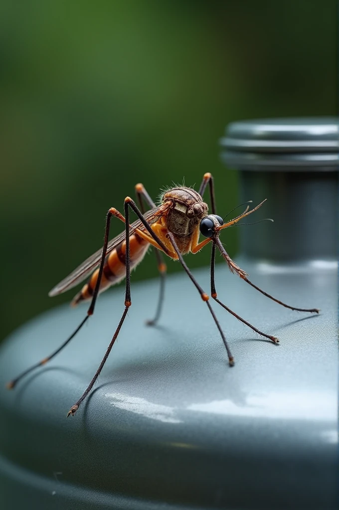 Aedes aegypti mosquito perched on a water can,
