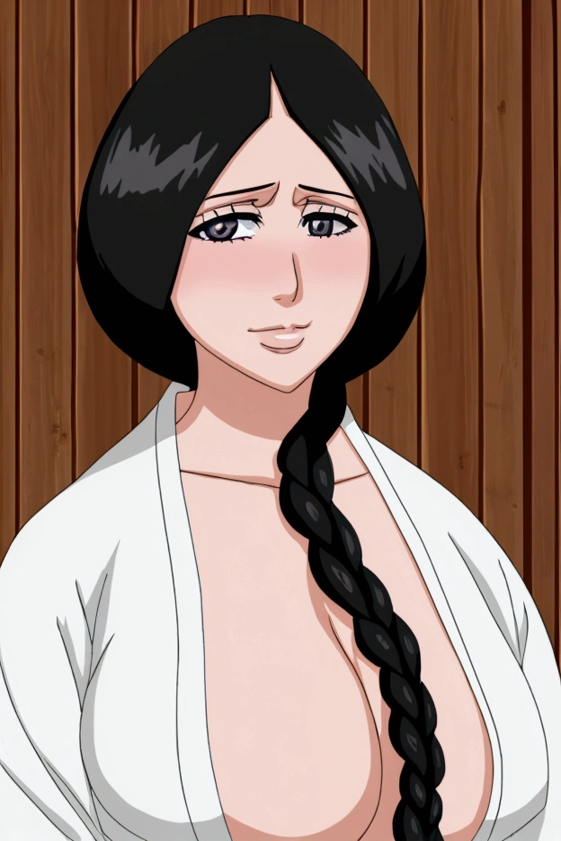 1girl, unohana(Bleach), sweat, breasts, solo, black_hair, braid, sweat, long_hair, round_huge_breasts, cleavage, wooden_wall, sash, smile, japanese_clothes, collarbone, parted_bangs, transparent_kimono, nipples, blush, looking_at_viewer, upper_body, very_long_hair, open_clothes, black_eyes, bangs, black_sash, single_braid