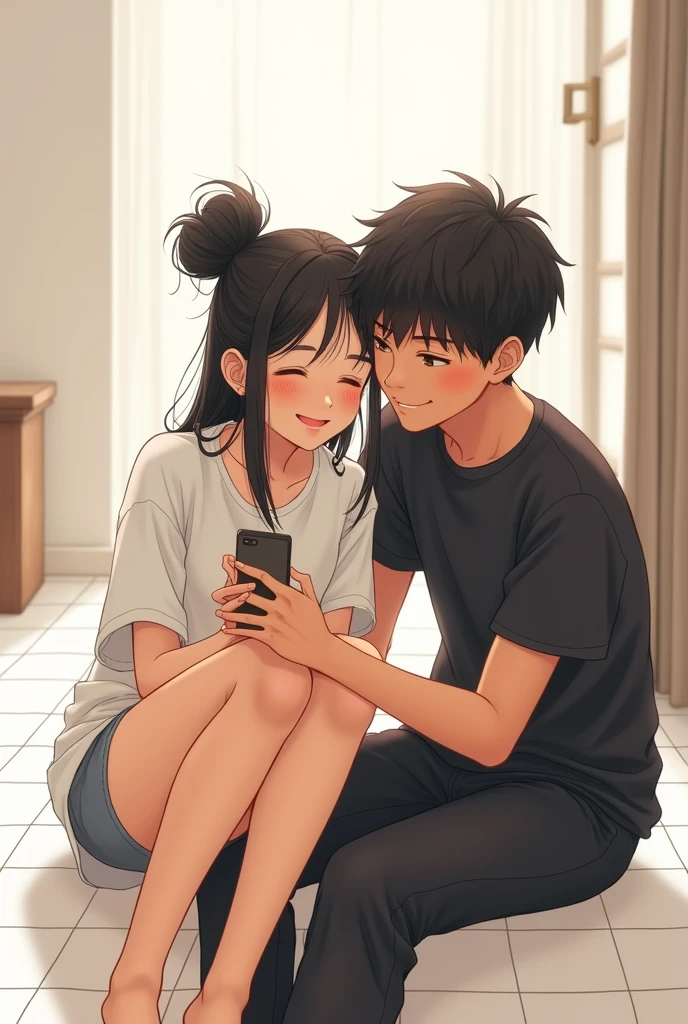 A couple sitting on the floor. Girl sittig in between  boy's legs. Girl wearing a long white t-shirt and a short  and has a messy top hair bun. both have black hair. Boy wearing a black t-shirt and a trouser. boy spread his legs straightly keeping on the floor while girl bending her legs while sitting on him. Girl is fair but boy has a brown skin. Both sitting facing same direction (not looking at eachother) 
Both are smiling for a selfie  looking at one phone . Girl stiing in between  boy's legs
Background : a home : white walls, white tiles on the floor.
Illustrate type
