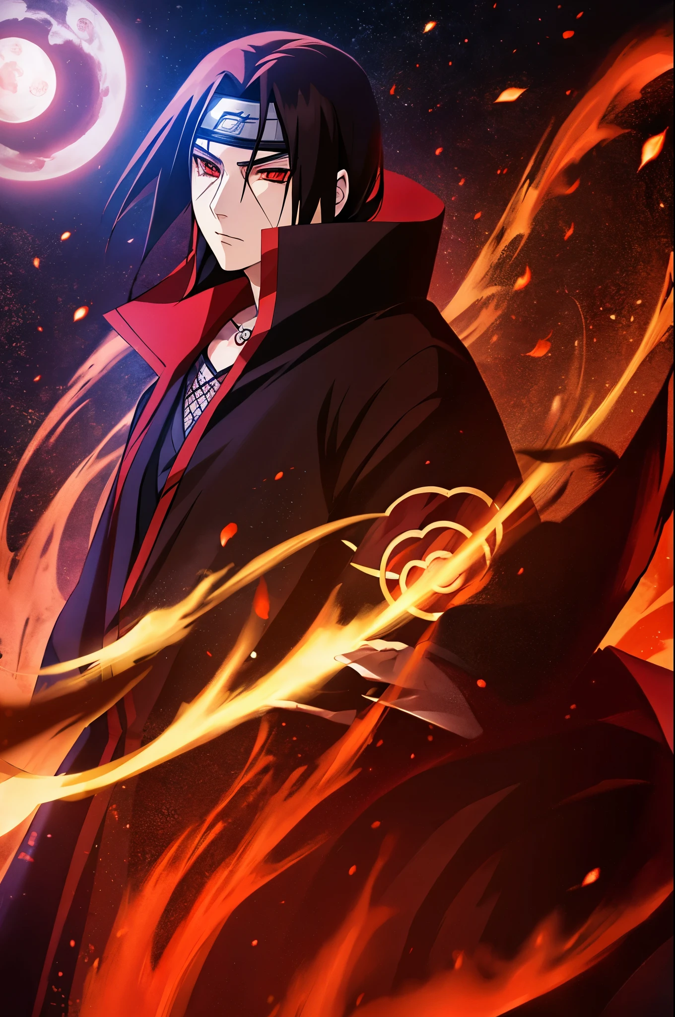 Itachi Uchiha using Amaterasu with black flames surrounding him, intense expression, night sky background, hd anime art.