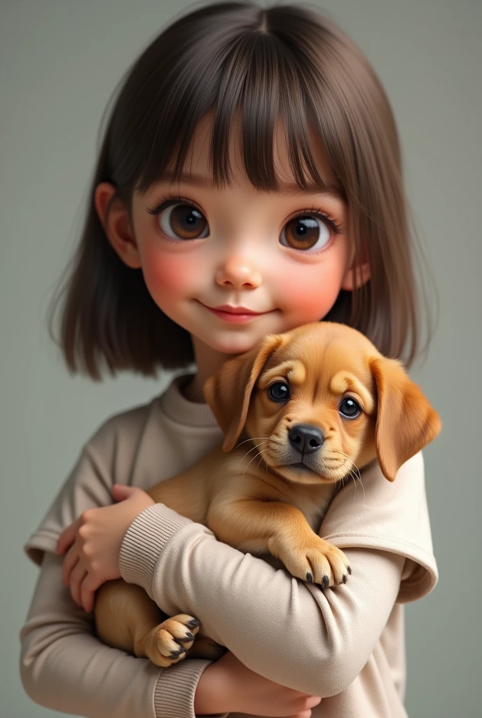 (realistic photo:1.2), approximately 10 years old, straight brown hair with bangs, Eye Brown grande e puxado, dimple on the cheek, button nose, thin upper lip and normal lower lip,.holding a puppy by the collar, wrapped around, Eye Brown.