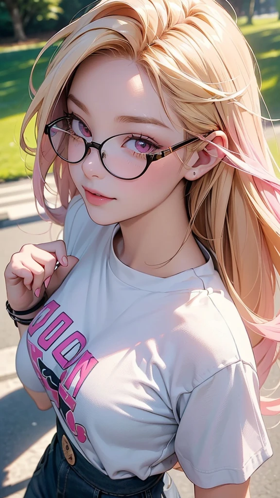 One Girl(High resolution, masterpiece, accurate, Anatomically correct), ((Wearing glasses、Dancing in the park、A happy look))、(Two-tone golden hair、Pink eyes)、(Streetwear fashion)((Park during the day))Highest quality, Ultra high definition, High-resolution model, Composition from above、Face close-up