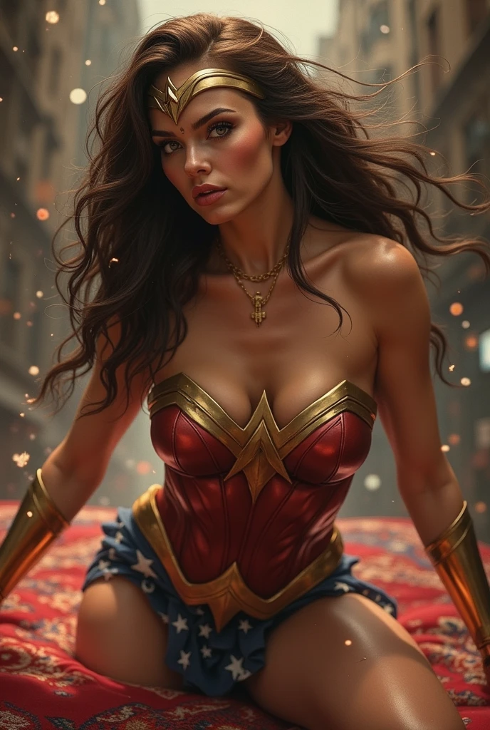 Wonder woman sexy brune cheveux avec beaucoup de volume et en pétard comme si elle venait de faire l’amour Elle doit avoir la pommade être maquillée, avoir le visage, avoir des grosses fesses et des gros seins, avoir un homme de vue où on peut voir les deux en même temps faut qu’elle soit à quatre pattes mais sur un tapis volant comme si elle voler Il faut que l’image soit très réaliste et qu’elle ait des plus grosses lèvres, elle doit être excitée