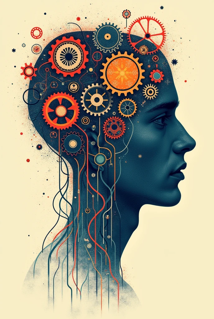 Poster of a man's face with typographic illustrations, intricate gears, interconnected neurons and elements that symbolize neurology, Create brain shapes, side view of face shape,