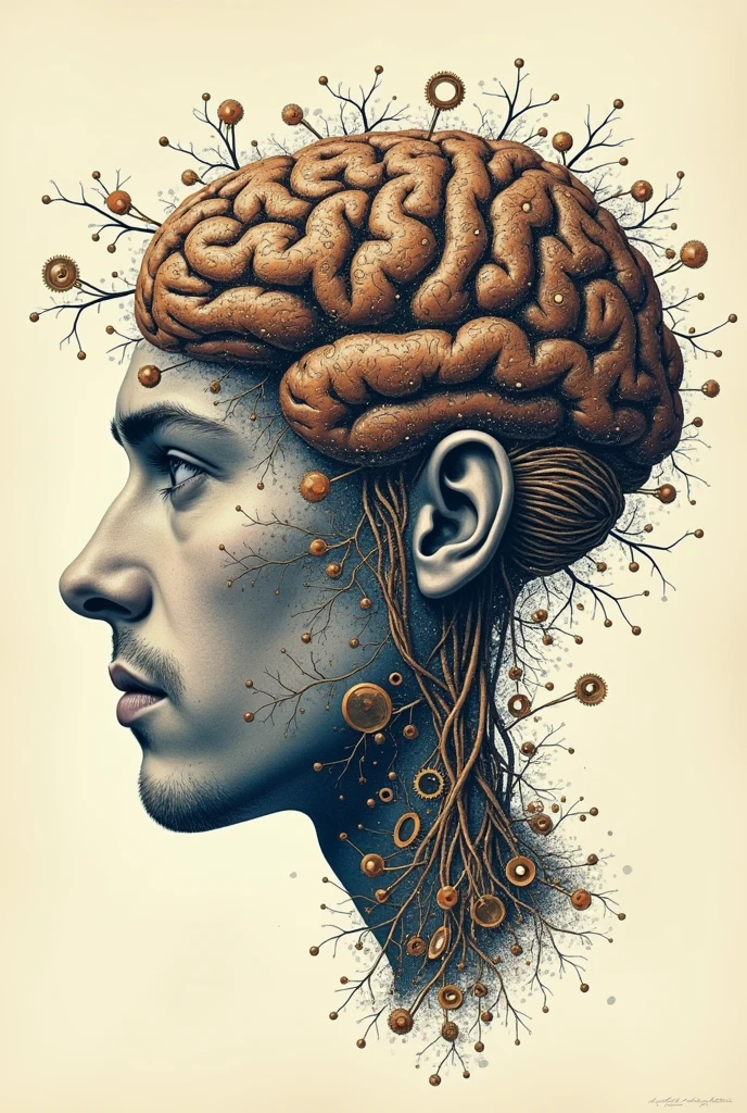 Poster of a man's face with typographic illustrations, intricate gears, interconnected neurons and elements that symbolize neurology, Create brain shapes, side view of face shape,