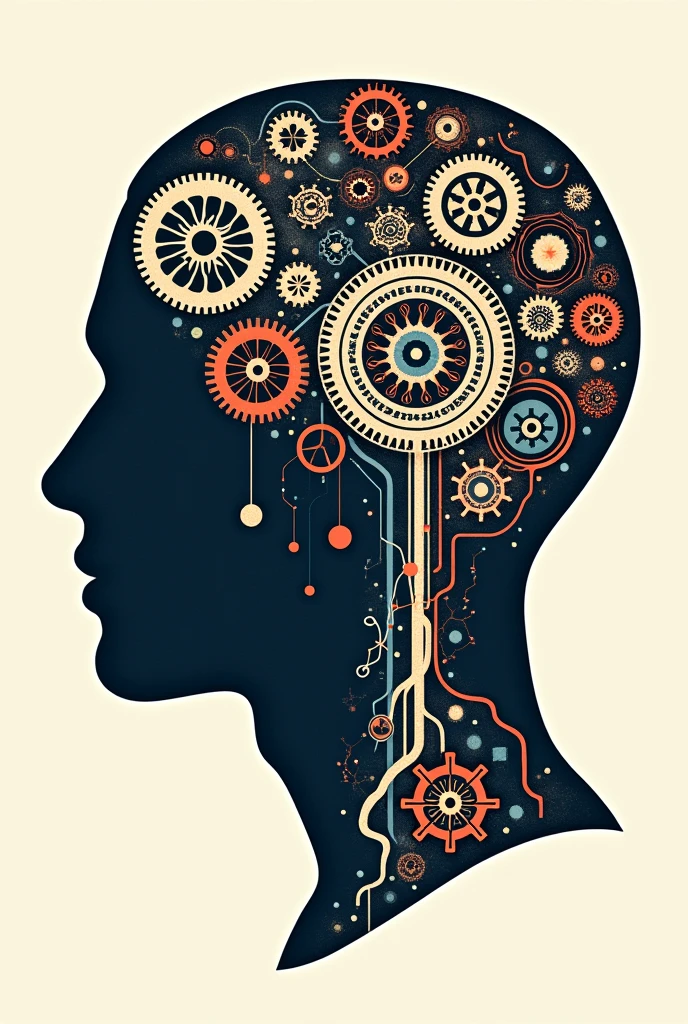 Poster of a man's face with typographic illustrations, intricate gears, interconnected neurons and elements that symbolize neurology, Create brain shapes, side view of face shape,