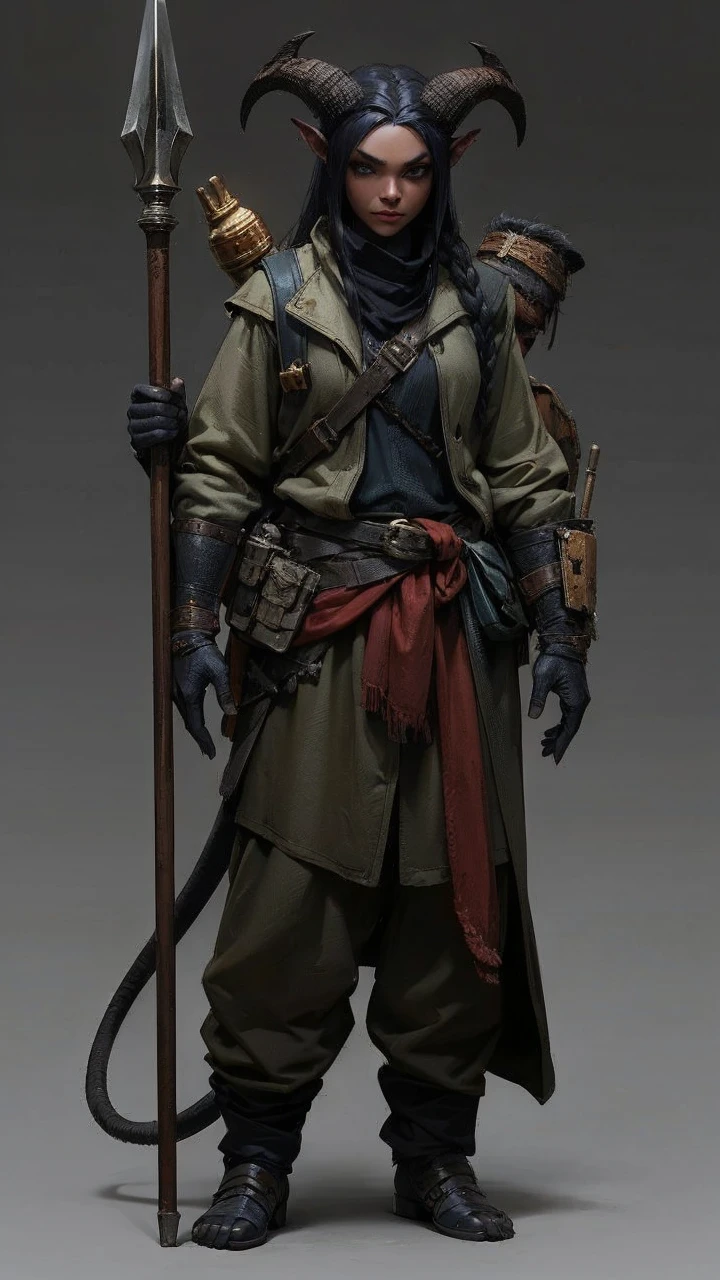 Dark fantasy character, tiefling, dark-skinned woman, very tall, muscular, long tail, short small horns, medieval clothing, simple armor, spear user, casual travelling clothes, survival equipment, warrior, barbarian, assassin, loose trousers, shirt, backpack with things, raincoat, vest, long dark messy hair with braids, she is 2.5 meters tall, reference with the head, couple outfits