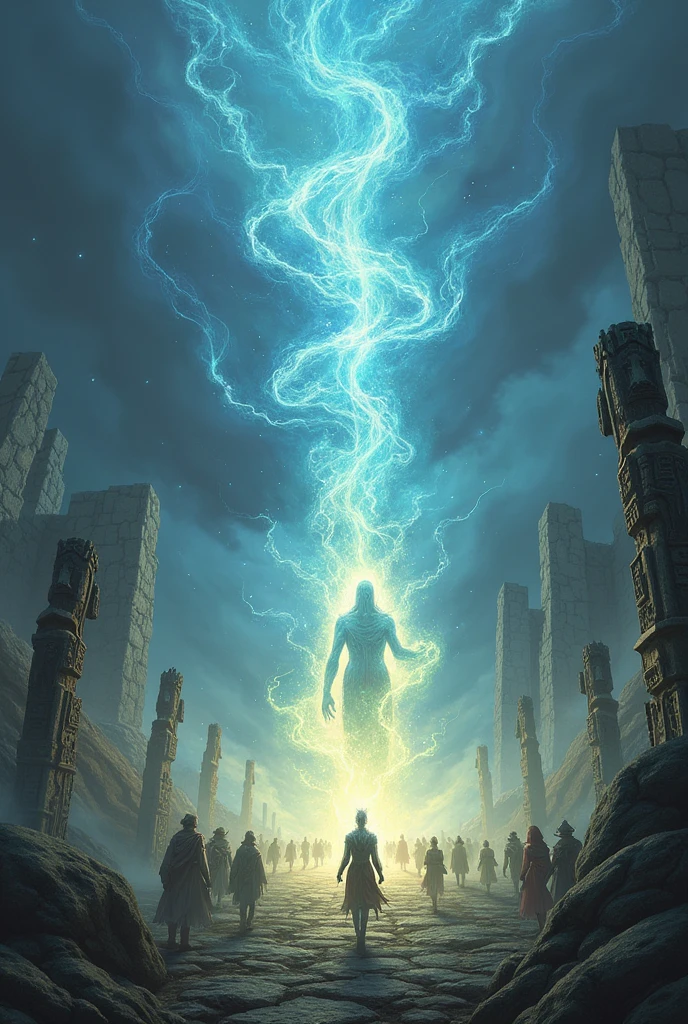 Rpg illustration Ancient spirits rise from the ground, their ethereal forms glowing with a mystical energy. The battlefield is dotted with ancient ruins and totems, and the spirits of long-forgotten warriors and beasts lend their strength to the characters. The scene has a reverent, awe-inspiring feel, with a sense of power and history.