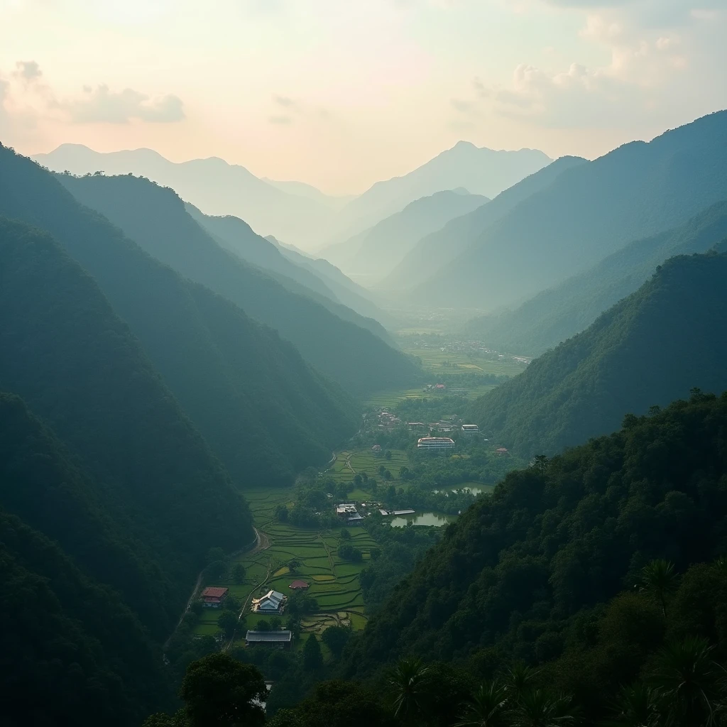 “Create a stunning travel video showcasing the breathtaking landscapes of Mae Hong Son, Thailand. Start with wide shots that capture the vastness of the lush mountains and valleys. Transition into aerial shots that reveal the intricate patterns of rice terraces and dense forests, as if seen from a high-end drone. Incorporate FPV drone footage that swiftly glides through narrow mountain paths and hovers over serene lakes. End with a wide, panoramic shot of the mist-covered mountains at sunrise, p