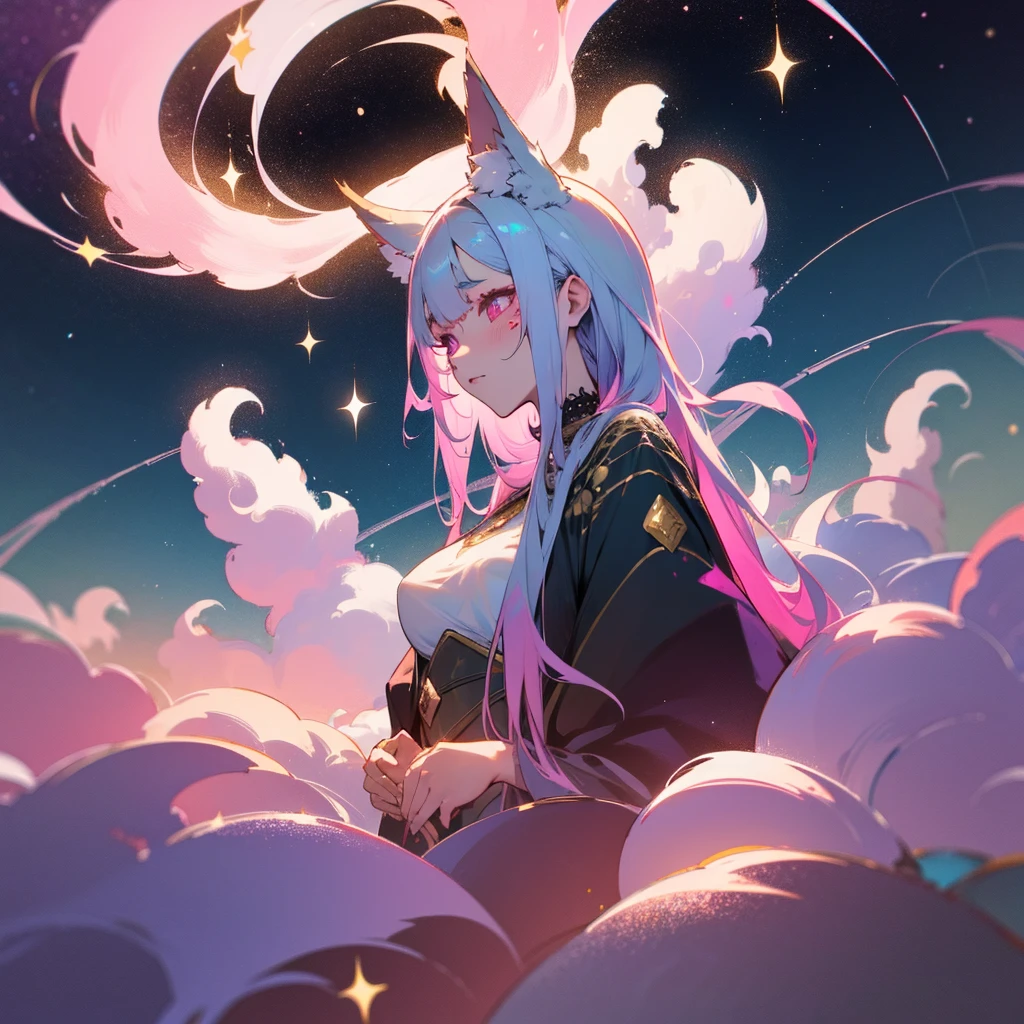 Woman with medium breasts. Long green hair.Two small white horns. Pink eyes and golden tears, black symbols on the body. Pink eyes in a beautiful garden, with stars and galaxies surrounding her. (best quality, highres, ultra-detailed), dreamy atmosphere, glowing flowers, surreal colors, soft lighting, ethereal beauty, twinkling stars, mystical ambiance, delicate brush strokes, impressionistic style, magical scenery, peaceful and serene.