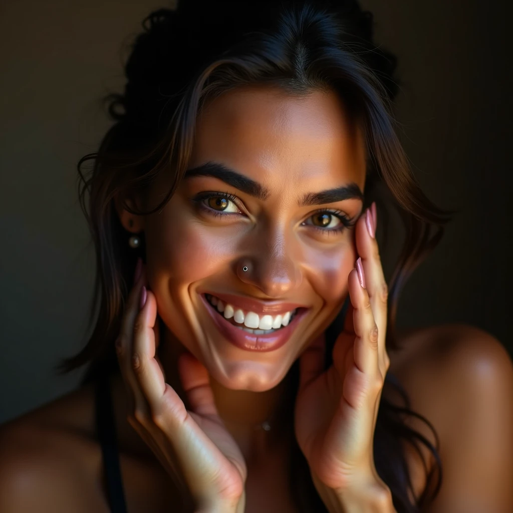 un portrait photographique d'Une belle femme, (heureux), (sourire), (face portrait:1.5), lumière dramatique, (hyperréalisme:1.2), (8k euh:1.2), tourné avec Canon EOS 5D Mark IV, Visage détaillé, cheveux détaillés, differente positions avec la main dans les cheveux, petit piercing anneau dans la narine droite. Cheveux attaches, hispanique