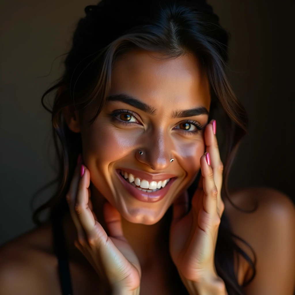 un portrait photographique d&#39;Une belle femme, (heureux), (sourire), (face portrait:1.5), lumière dramatique, (hyperréalisme:1.2), (8k euh:1.2), tourné avec Canon EOS 5D Mark IV, Visage détaillé, cheveux détaillés, differente positions avec la main dans les cheveux, petit piercing anneau dans la narine droite. Cheveux attaches, hispanique