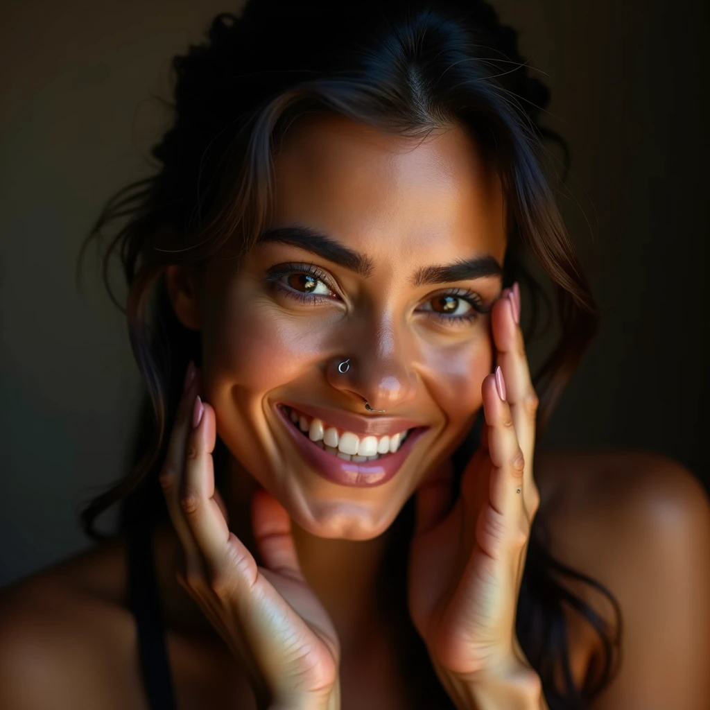 un portrait photographique d&#39;Une belle femme, (heureux), (sourire), (face portrait:1.5), lumière dramatique, (hyperréalisme:1.2), (8k euh:1.2), tourné avec Canon EOS 5D Mark IV, Visage détaillé, cheveux détaillés, differente positions avec la main dans les cheveux, petit piercing anneau dans la narine droite. Cheveux attaches, hispanique