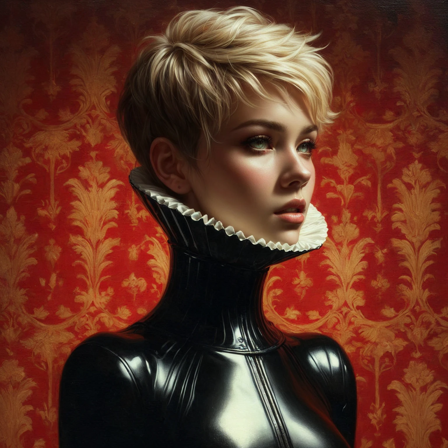 painting of a woman in latex with a collar and a pearled collar, yuri shwedoff and tom bagshaw, tom bagshaw donato giancola, artstyle tom bagshaw, tom bagshaw style, tom bagshaw portrait, moebius + loish + wlop, art tom bagshaw, tom bagshaw artstyle