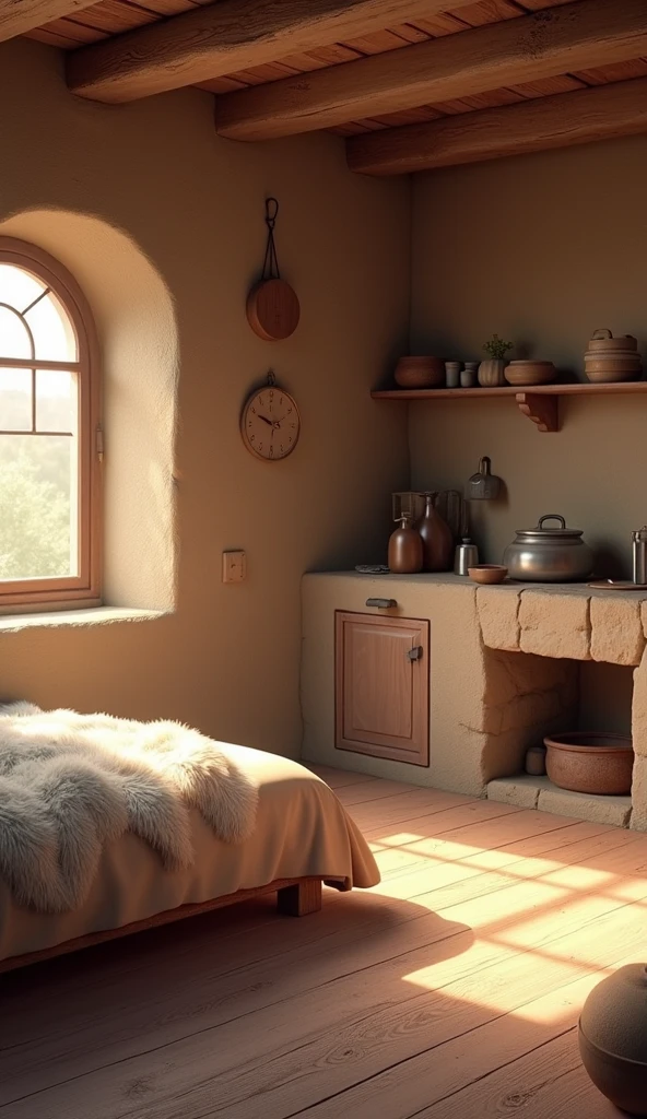 a backdrop for a stage set, this is inside a rustic house, on the right is the stone kitchen, pot and utensils and to the left in the same room is the bed and above a window, in horizontal format, that the mud walls can be seen, with nothing on the wall and thick sheepskin blankets