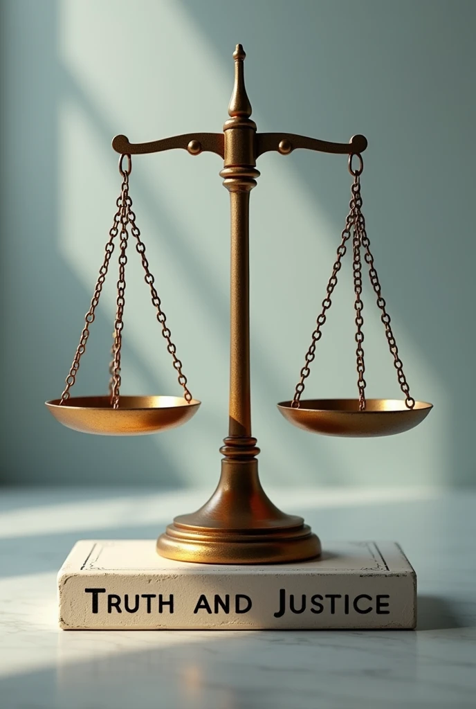 Image of scales of justice with phrase "Truth and justice"