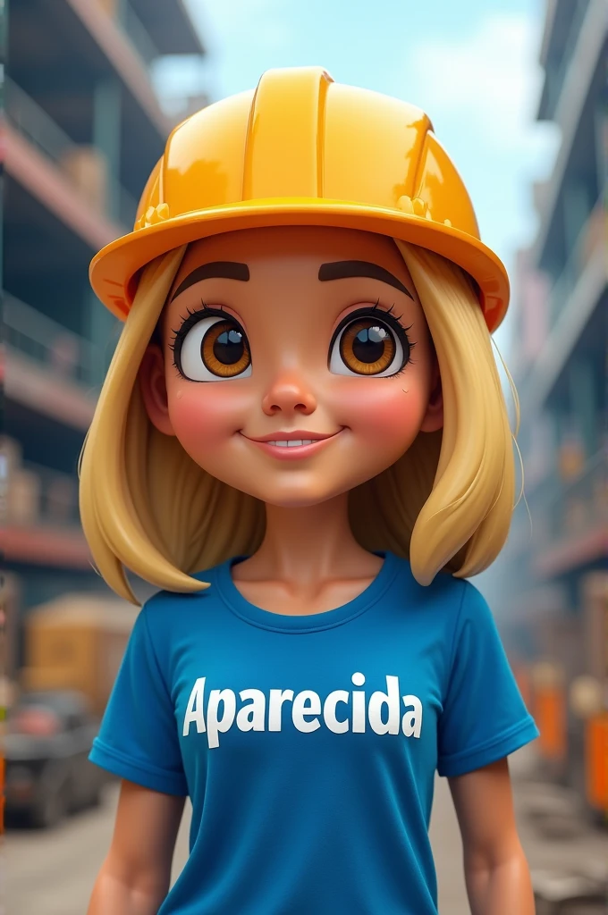 A mascot that is a blonde woman with shoulder-length hair, eyes browns, blue blouse with the word Aparecida plaster written in white and a construction hat on his head
