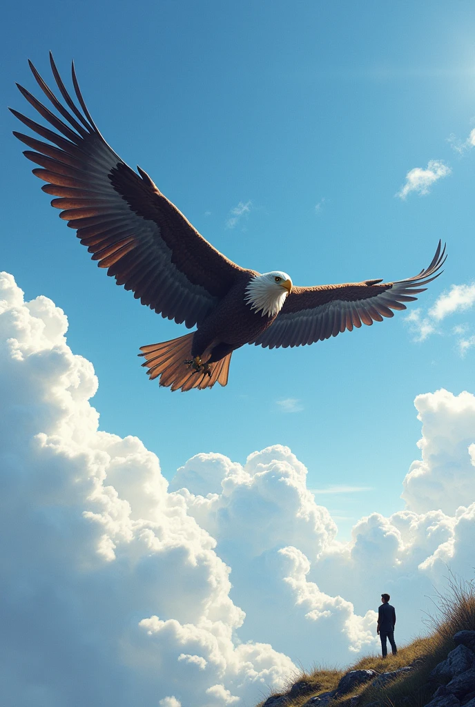 Giant eagle bird flying in the sky through the clouds looking from the ground